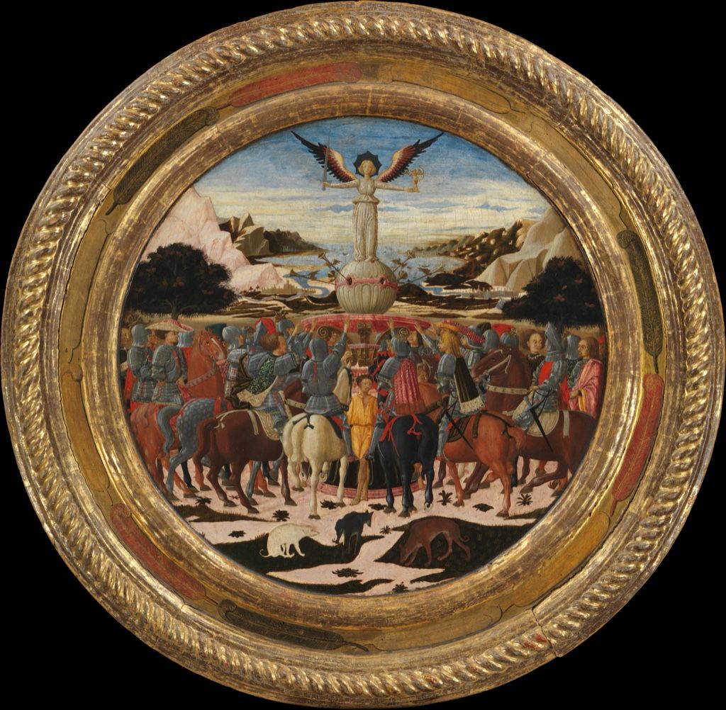 Circular painted birth tray with Fame standing above a procession of figures and horses.