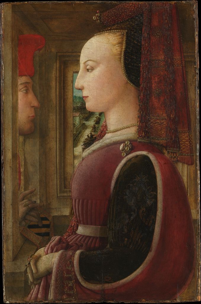 Early Renaissance tempera portrait of a woman in profile with a man at a casement.