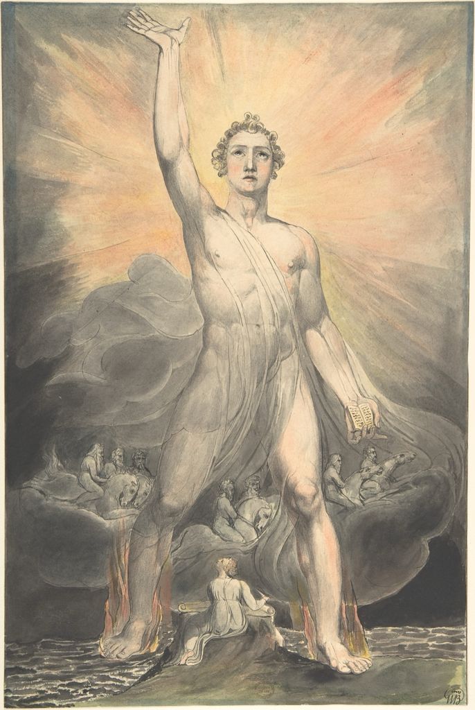 Blake watercolor and ink image of a radiant angel spanning sea and land.