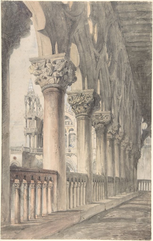 Ruskin architectural watercolor study of carved columns and patterned stone in Venice.