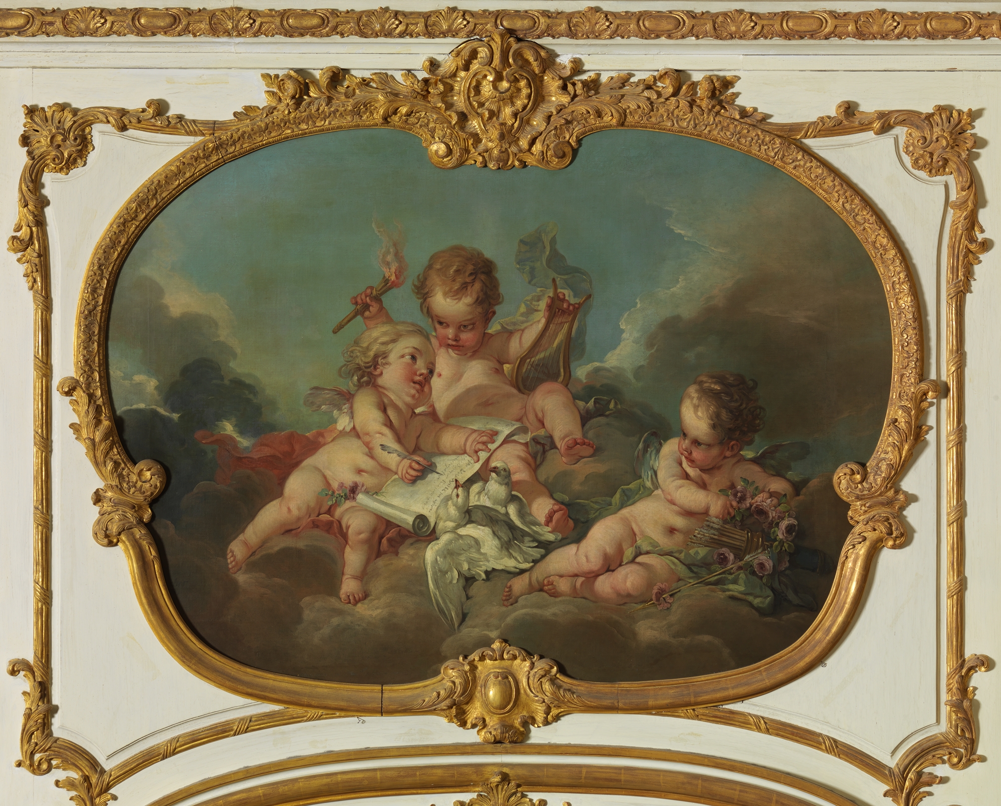 Putti with attributes of lyric poetry float among clouds within an irregular cutout painted panel.