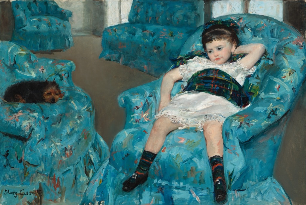 Cassatt's Little Girl in a Blue Armchair shows a child reclining in one blue chair among several upholstered chairs with a small dog on another seat.