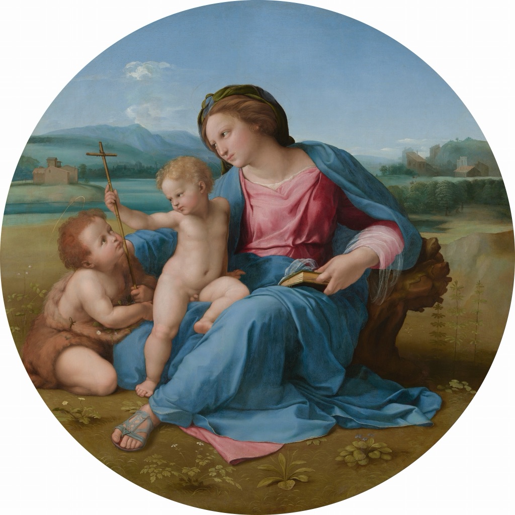 Raphael's circular Alba Madonna gathers three interacting figures into a stable pyramidal group within a landscape