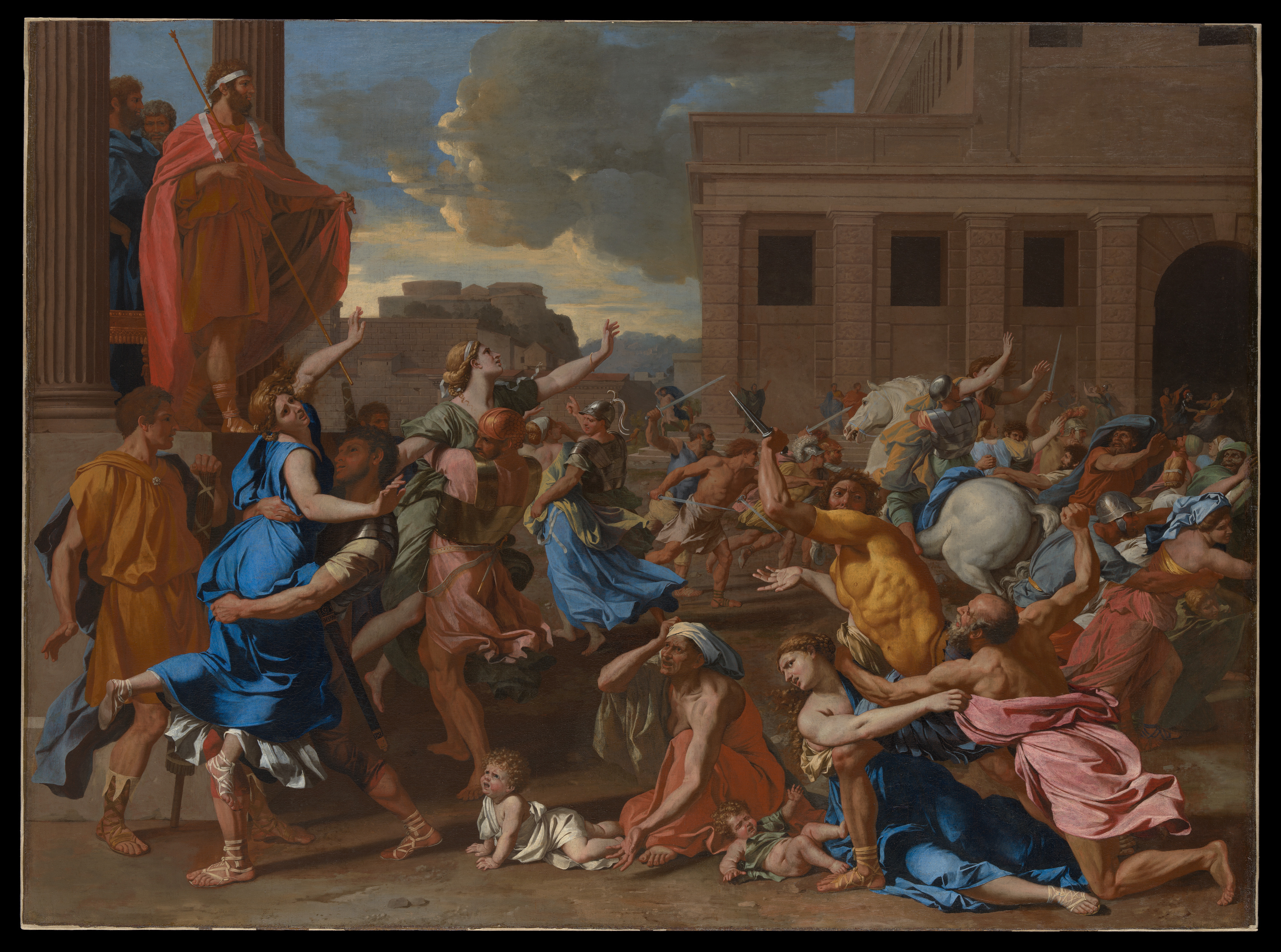 Poussin's Abduction of the Sabine Women spreads many struggling groups across a classical square.