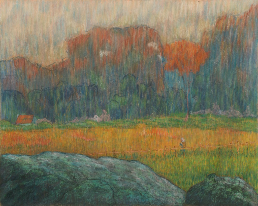 A pastel landscape on brown paper sets vertical orange-red marks among blue-green trees and fields above large cool rocks.