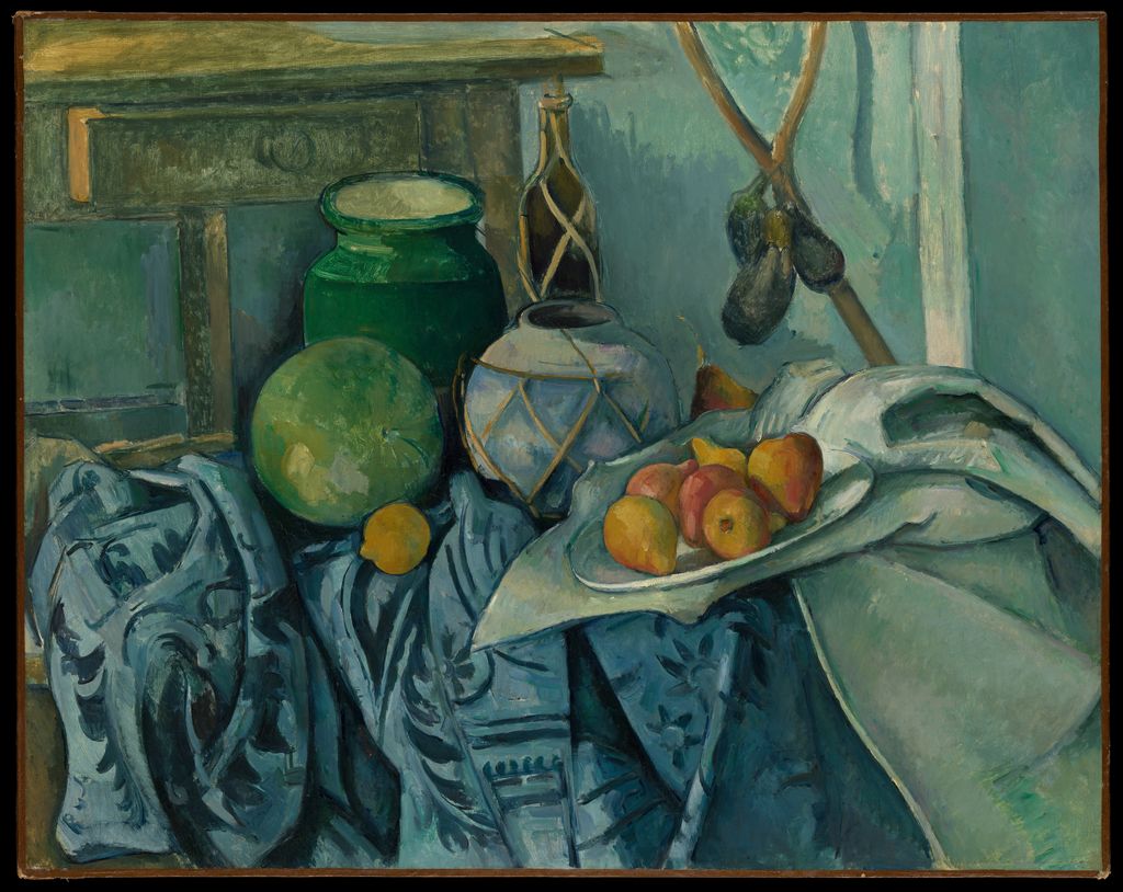 Cézanne's complete still life uses many blue-green passages with a green jar, pale patterned pot, dark eggplants and red-yellow fruit.