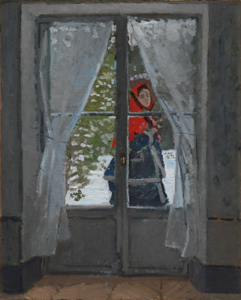 Seen through a window, a woman in a vivid red-orange cape passes across pale snow bordered by muted green plants and gray-violet shadows.
