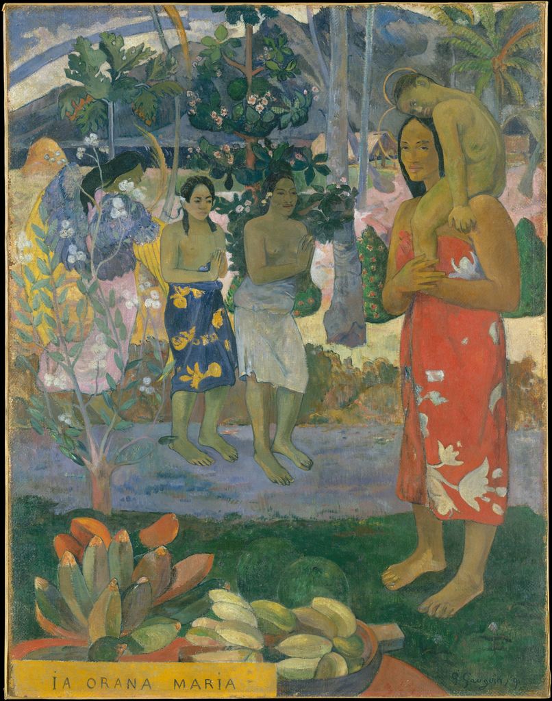Gauguin's complete vertical painting places figures among broad yellow, green, blue, red and pink colour areas.
