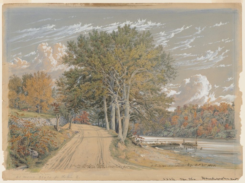 A blue-gray sky and river surround yellow-orange and red-orange autumn foliage with greens, graphite and pale paper visible.
