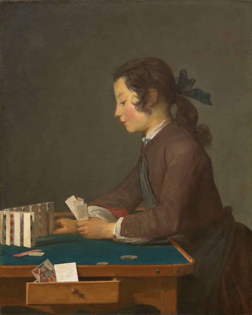 Chardin's House of Cards shows a young person arranging folded playing cards into a small standing structure on a table.