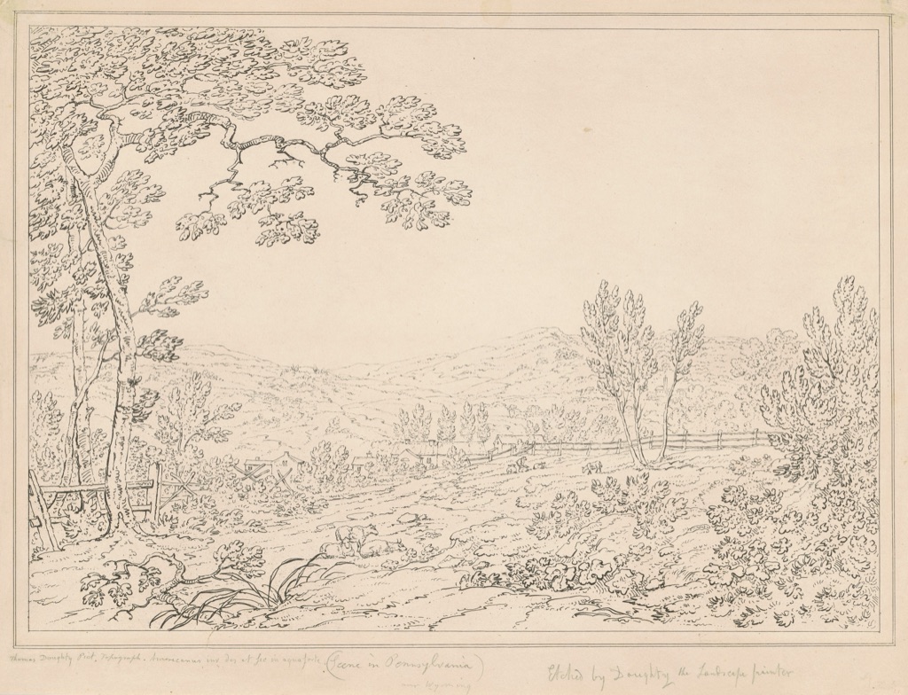 Thomas Doughty's complete etched landscape uses sparse dark lines to describe trees, slopes, water and distant land.