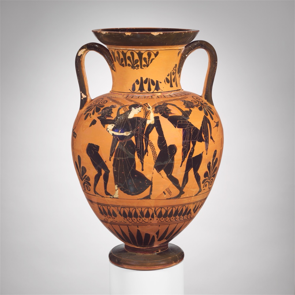 The second complete view of the same terracotta neck-amphora shows black figures against reserved orange clay around the curved vessel.