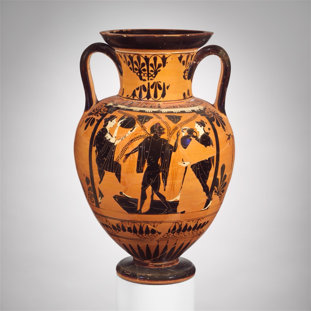 One complete view of a terracotta neck-amphora shows black figures and architectural forms against the orange clay ground.