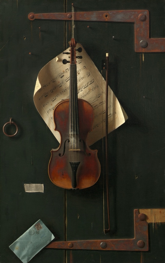 Harnett's Old Violin shows a violin, bow, curling sheet music and envelopes appearing to project slightly from a dark wooden door.