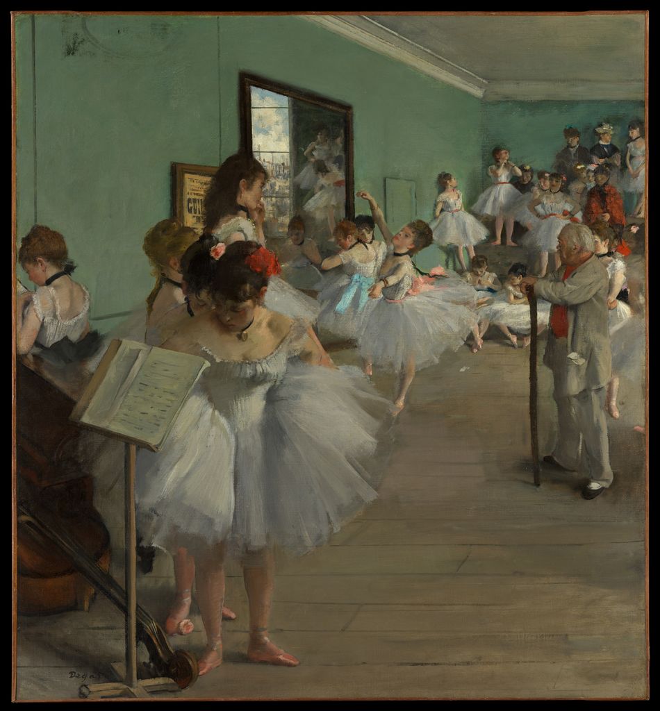Degas's Dance Class gathers ballerinas around a central dancer and ballet master in a tall rehearsal room.