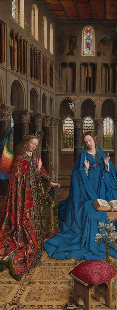 Van Eyck's Annunciation shows Gabriel and Mary in a tall church filled with patterned surfaces and symbolic details.