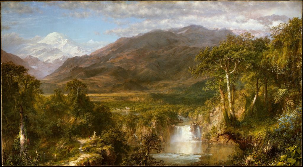 Church's Heart of the Andes shows dense trees waterfalls river plains and snowy peaks extending across a vast landscape.