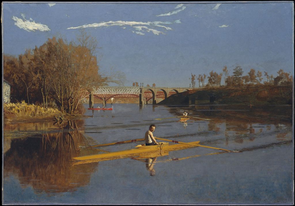 Eakins's Champion Single Sculls shows two rowers on a river with wakes and bridges receding into the distance.