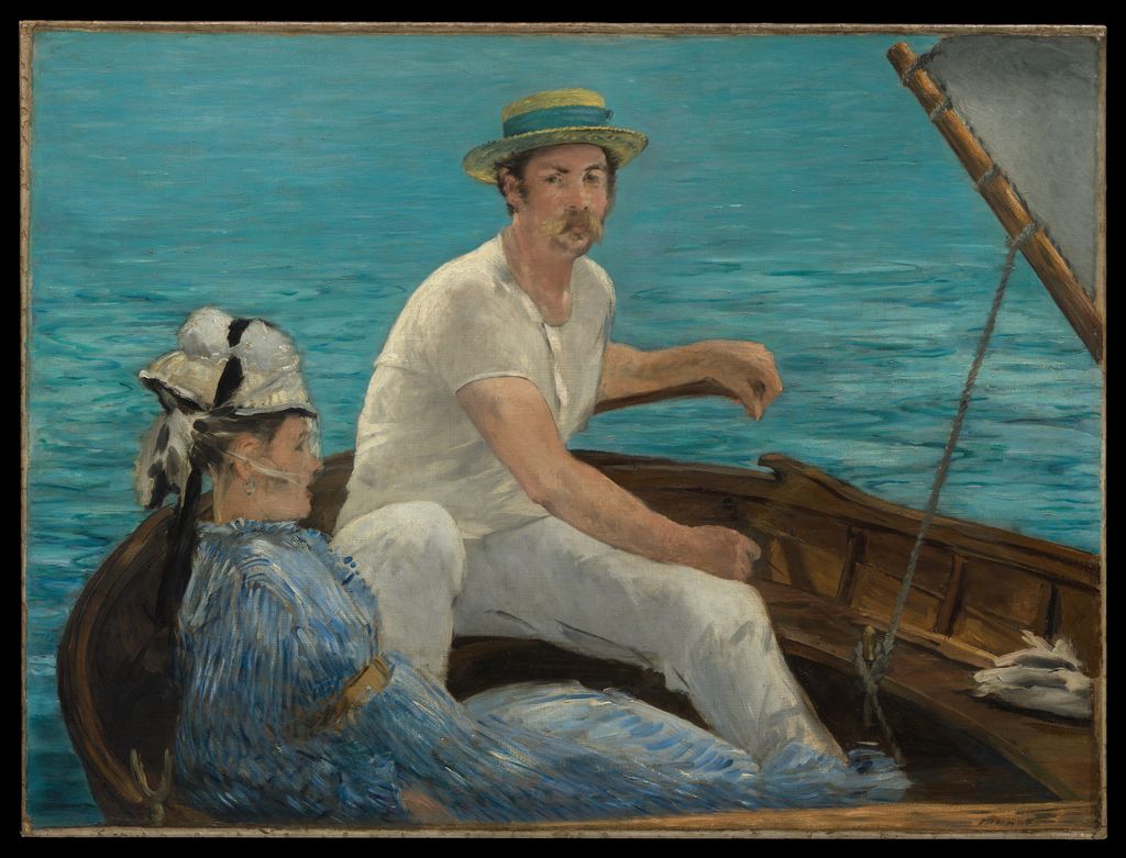Manet's Boating shows a seated woman and a man steering beneath a large pale sail with blue water behind them.