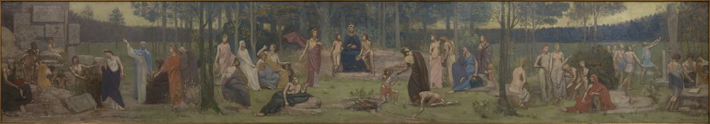 An enthroned woman personifying the Sorbonne sits among figures representing fields of study in Puvis's wide mural sketch.