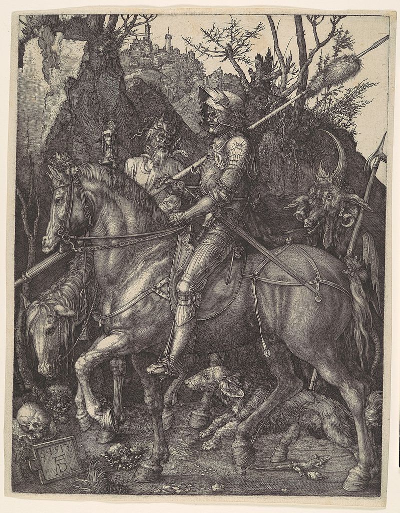 Dürer's armoured knight rides through a gorge beside Death with an hourglass and a following Devil.