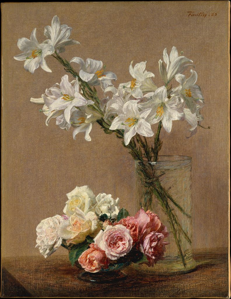 Pink and white roses and lilies fill a vase against a muted background in Fantin-Latour's painting.