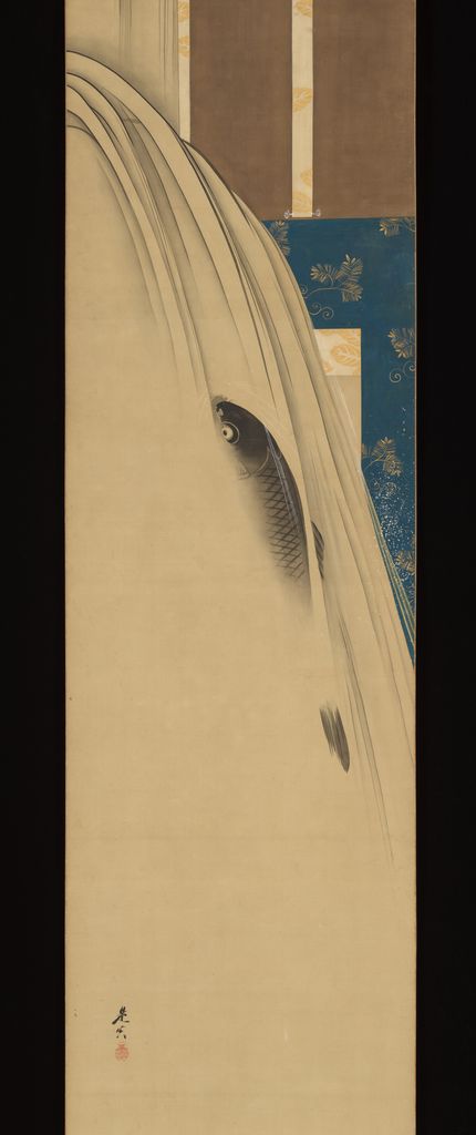 A carp swims upward through a steep waterfall in Shibata Zeshin's hanging scroll.