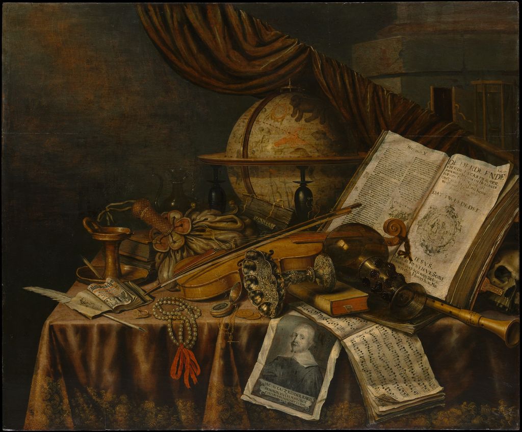 Collier's crowded still life combines books, musical instruments, a globe, jewels and mortality reminders.