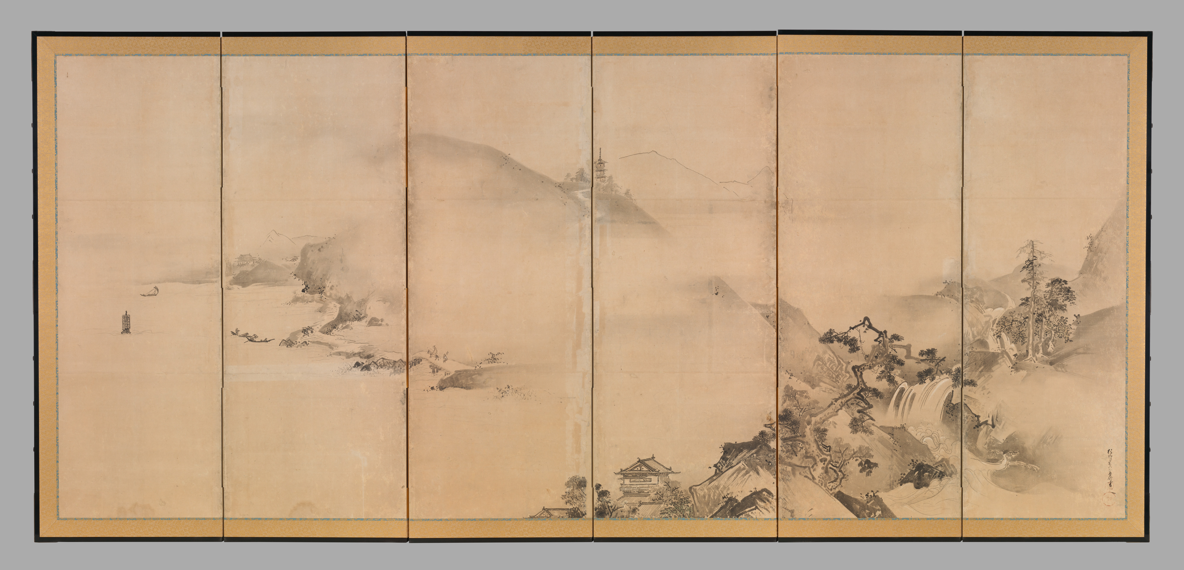 Two wide folding screens spread shorelines mist mountains buildings and boats across clustered and pale open areas.