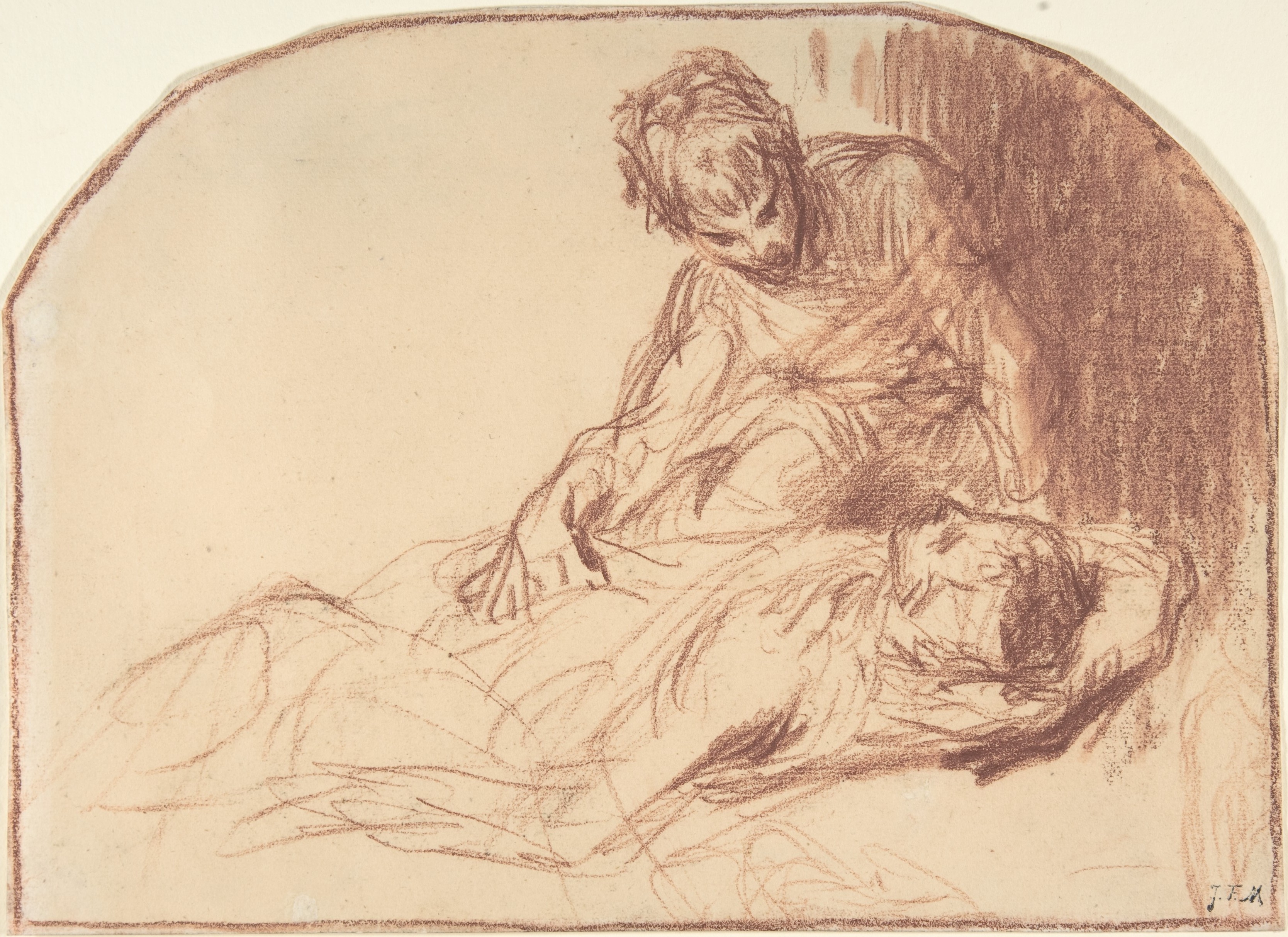 A red-chalk study interlocks a seated bending young man with a second reclining figure.
