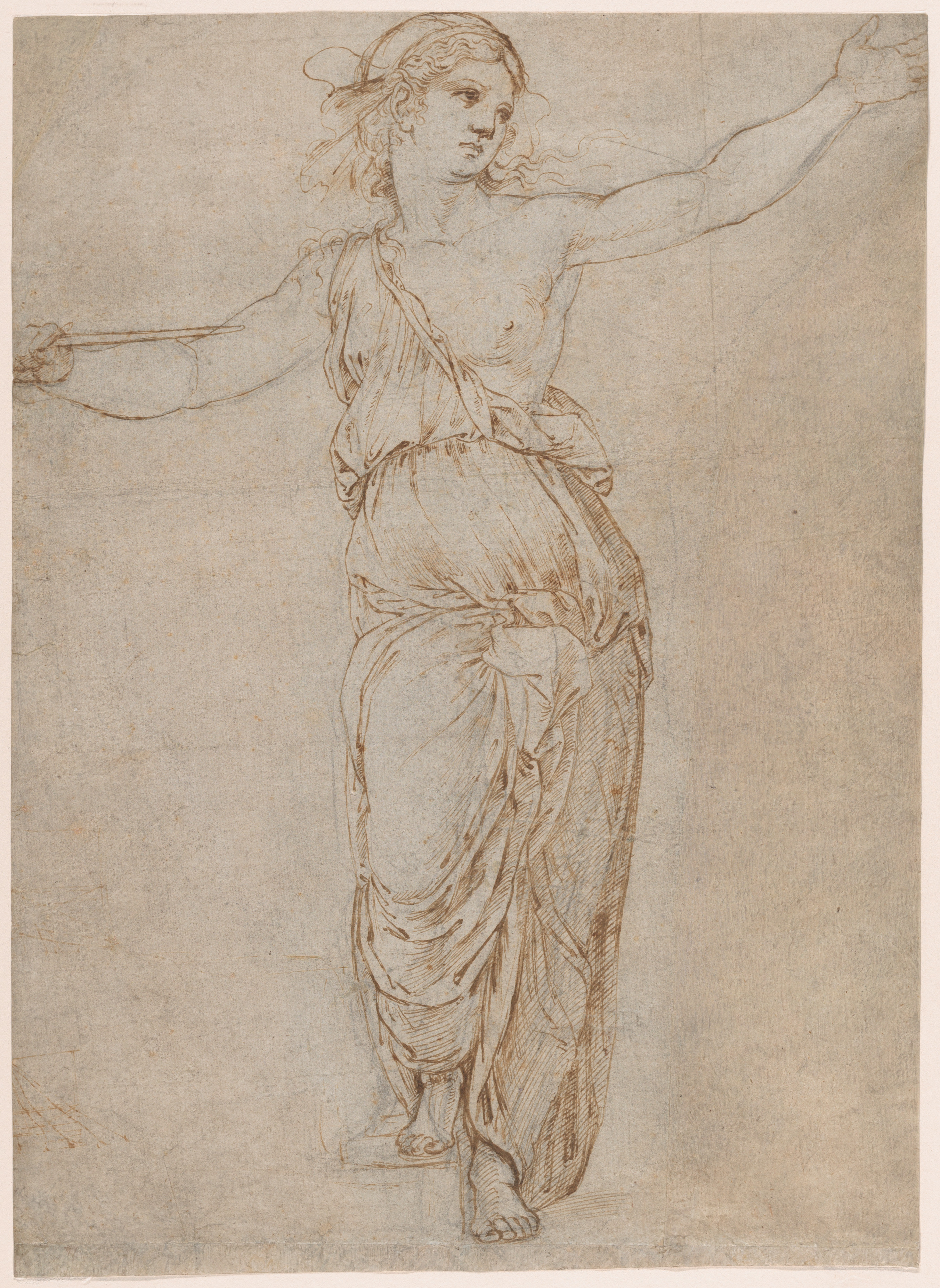 Raphael's standing Lucretia turns her head and body while raising one arm and holding a dagger to her chest.