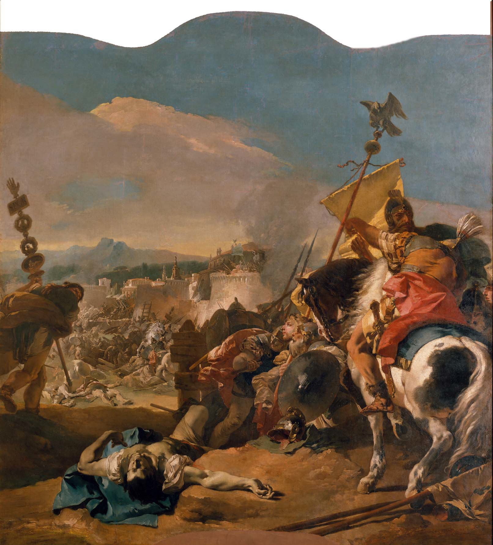 A crowded battle scene sends fallen bodies weapons and standards at steep angles through the foreground.
