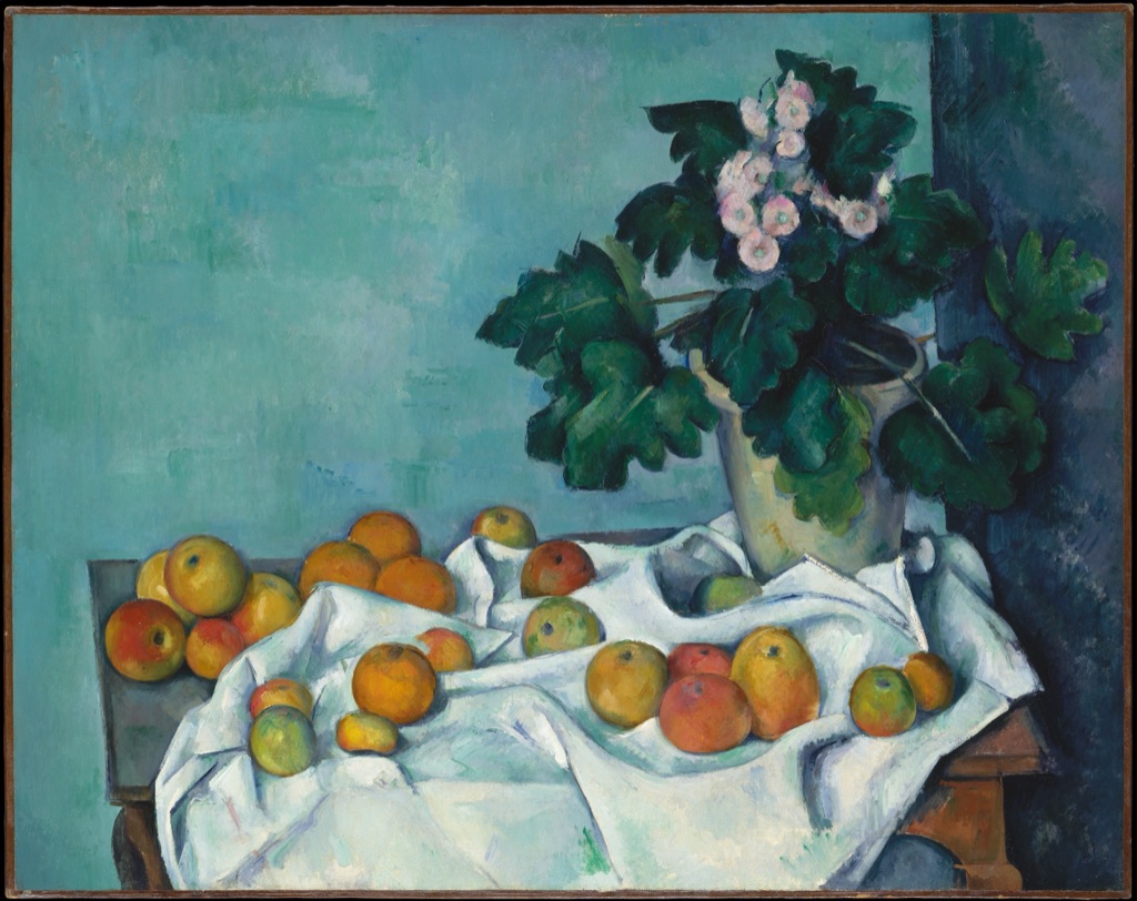 Cézanne's still life groups a tall pot of primroses with apples and pears across a tilted table.