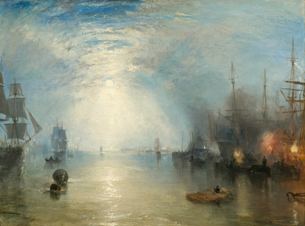 Turner's Keelmen shows a moonlit harbour of pale water and mist with dark ships and orange fires at right.