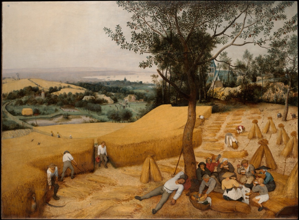 Bruegel's Harvesters spreads workers, wheat fields, trees, a village and distant water across a broad summer landscape.