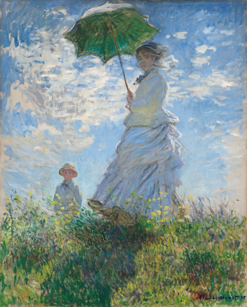 Monet's Woman with a Parasol shows a large woman and green parasol against a bright sky, with a smaller boy behind the hill.