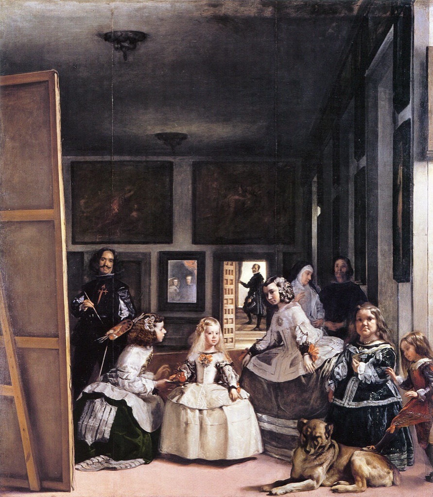 Velázquez's Las Meninas, with the Infanta and attendants illuminated in the foreground of a deep palace room