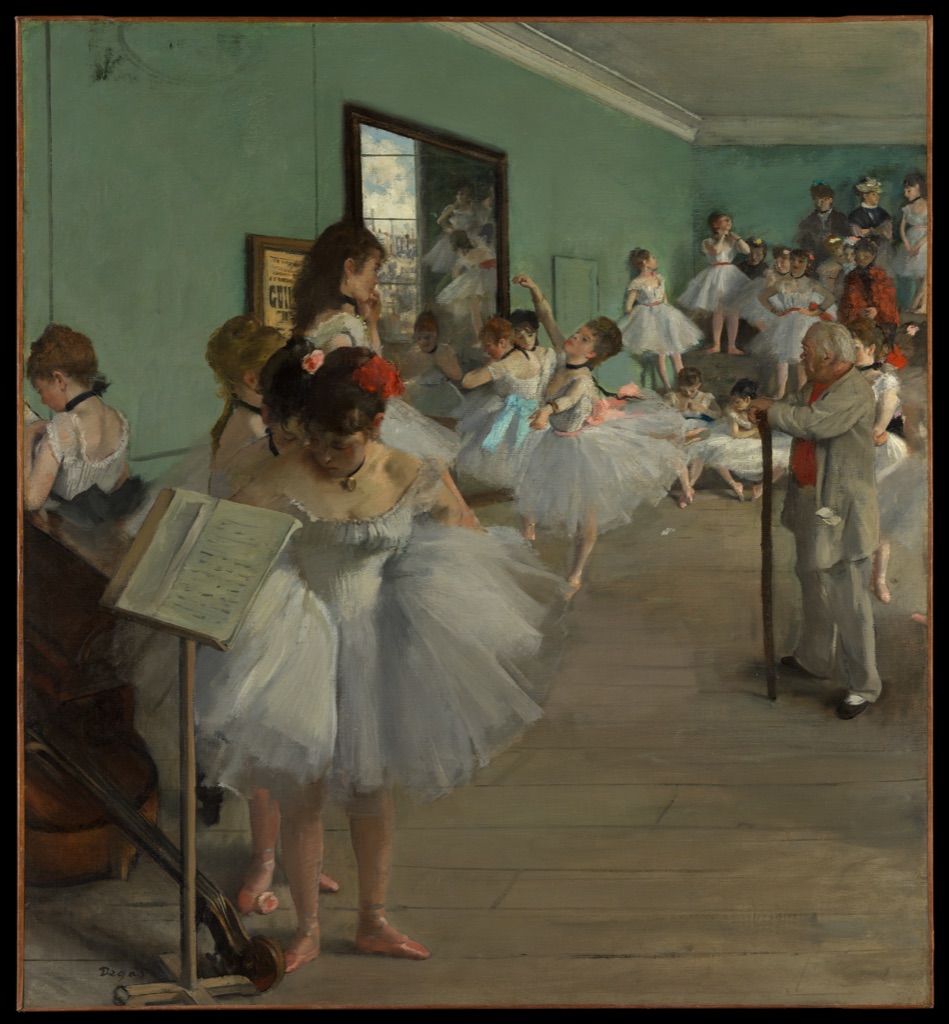 Degas's The Dance Class distributes dancers, empty wall and the ballet master asymmetrically through a tall rehearsal room.