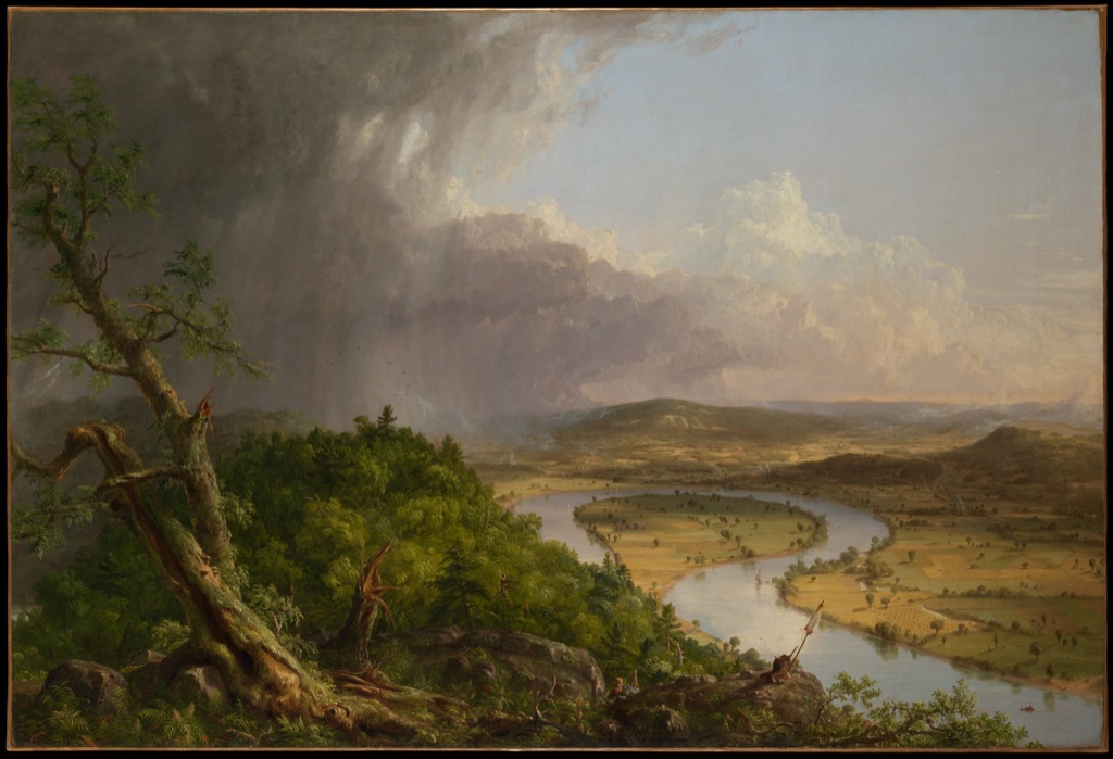 Thomas Cole's panoramic landscape divides a storm-darkened wilderness from a bright cultivated river valley.