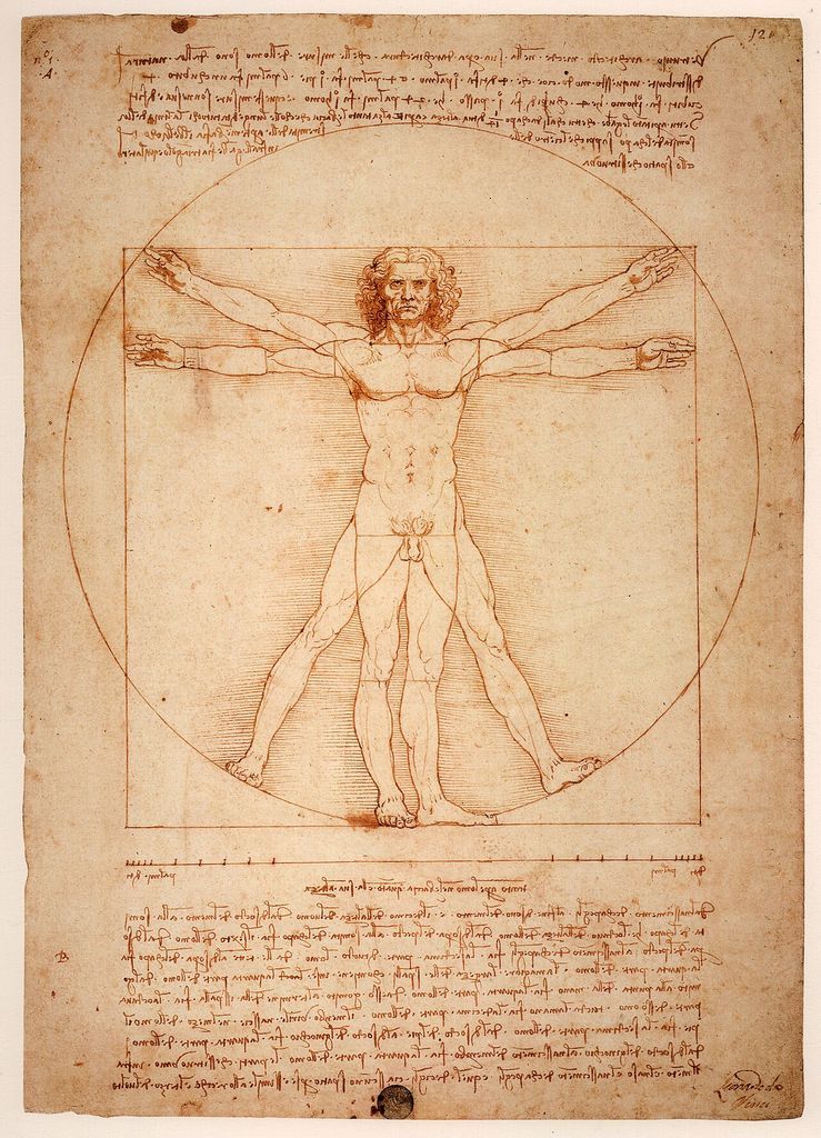 Leonardo da Vinci's Vitruvian Man places a figure in overlapping circle and square geometries