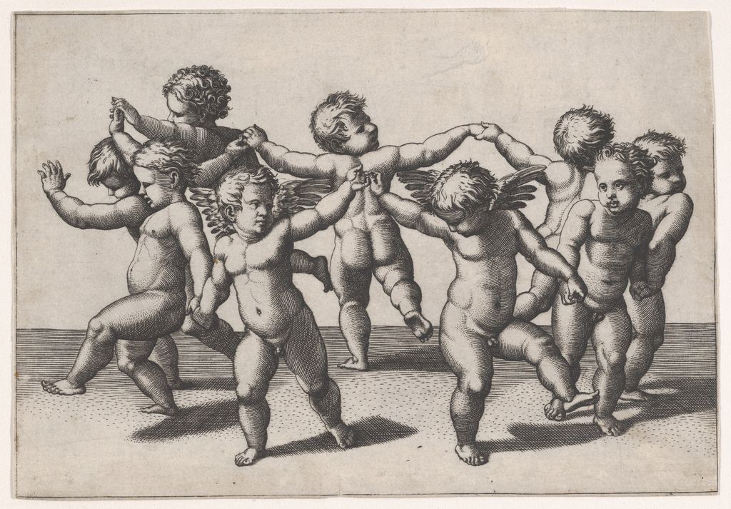 A black-and-white print shows putti holding hands in a ring, their repeated bodies and gestures circling an open centre.