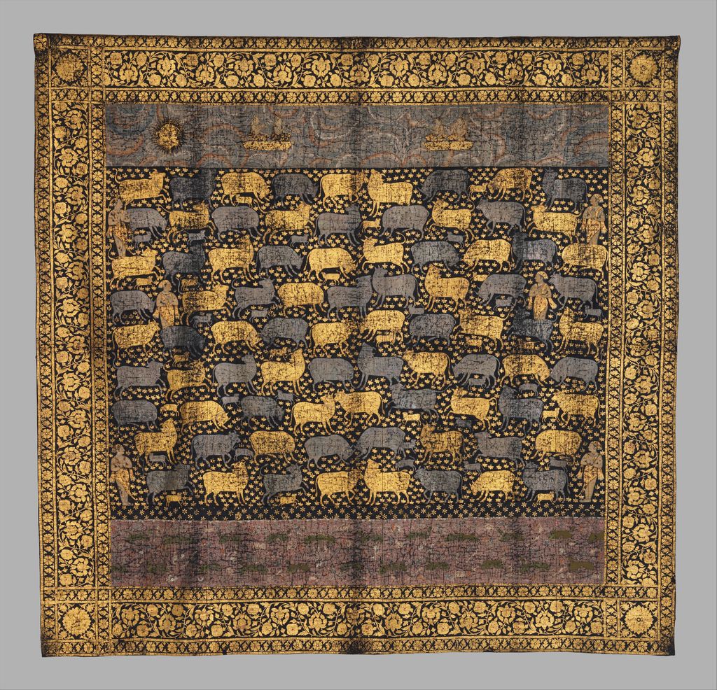 The complete Pichhwai shows many gold and grey cows in different sizes and poses with attendants inside a broad floral border.