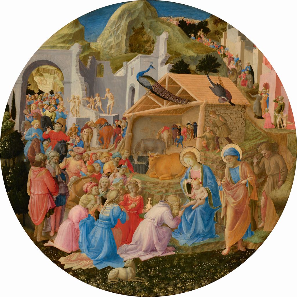 Fra Angelico and Fra Filippo Lippi's circular Adoration gathers many differently dressed and posed figures, animals, ruins and landscape around Mary and the Christ child.