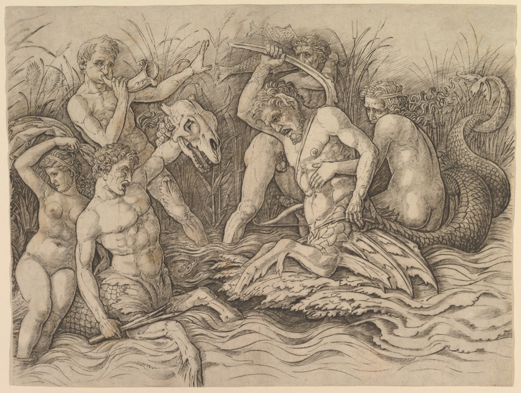 Mantegna engraving of muscular sea gods fighting among turbulent water and reeds