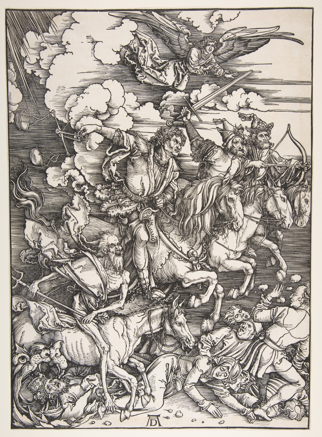Dürer woodcut of the Four Horsemen rushing diagonally through a densely cut scene