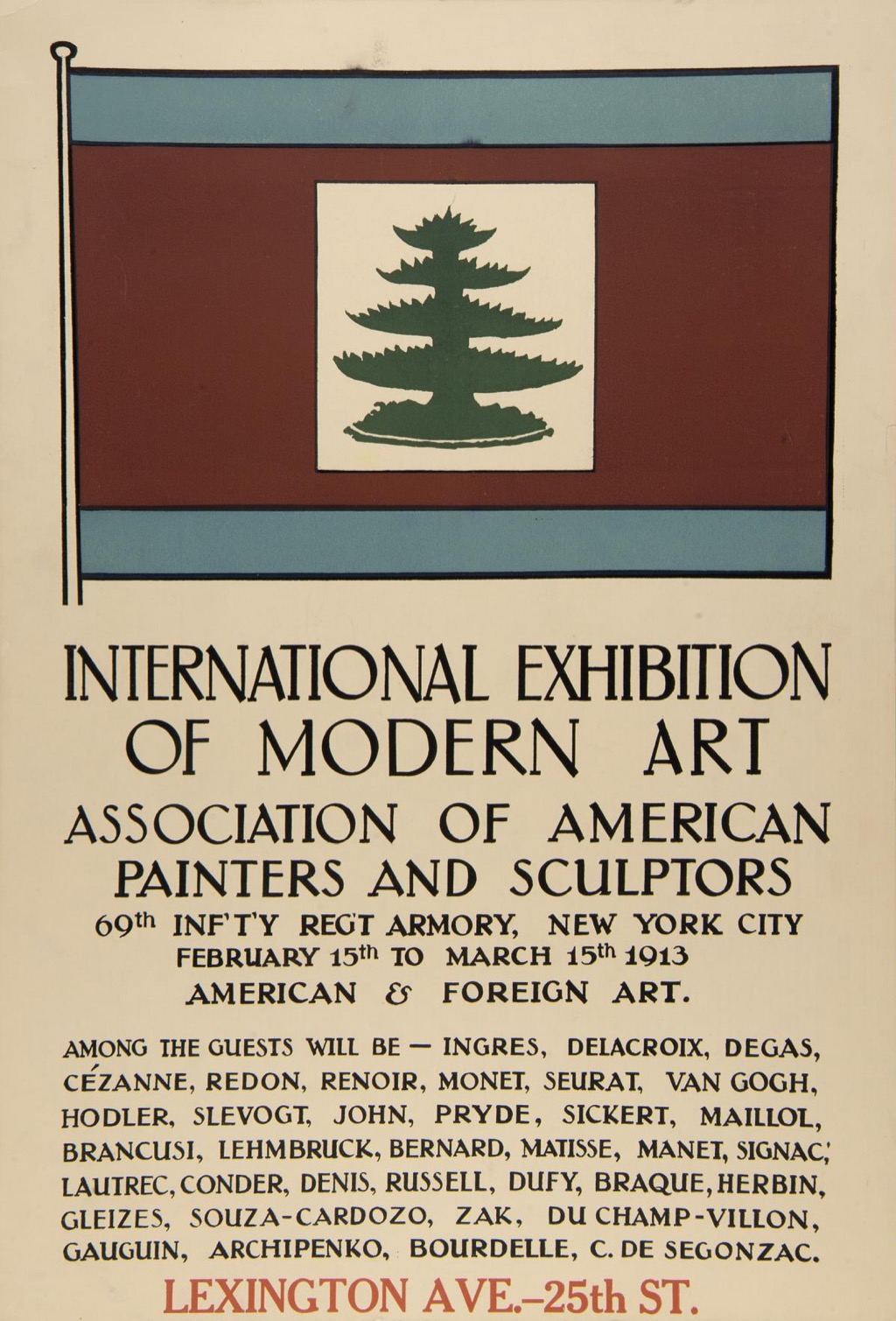 Armory Show poster with a green pine tree on a red and blue flag above black exhibition lettering