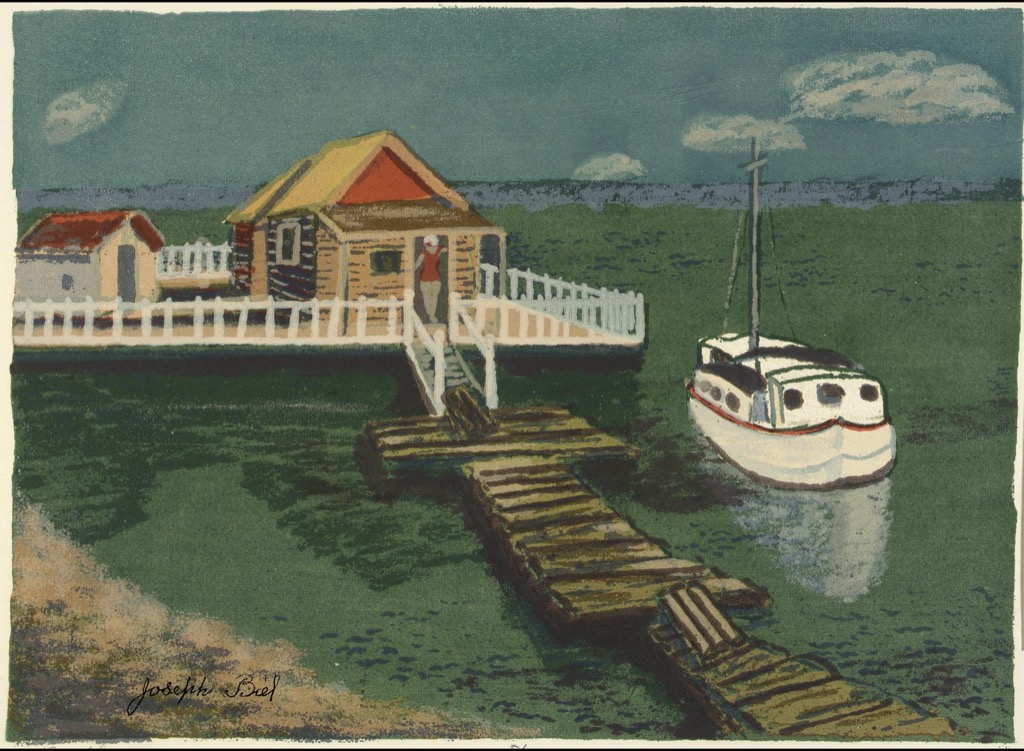 Joseph Biel screenprint of a boathouse, dock and white boat in layered green, blue, red and yellow