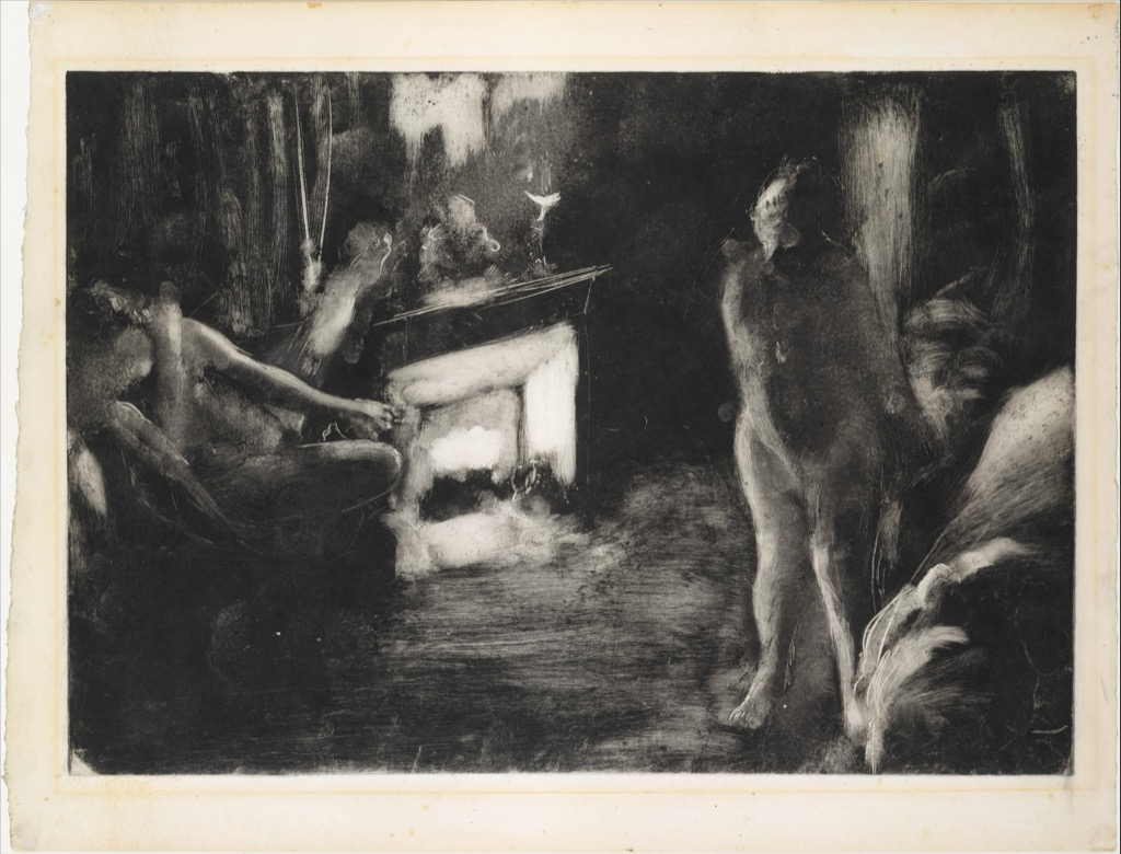 Degas monotype interior formed from dense black ink, wiped highlights and blurred figures around a fireplace