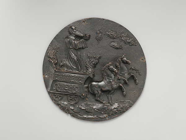 Partially gilt bronze relief showing Elijah rising in a horse-drawn chariot above Elisha.