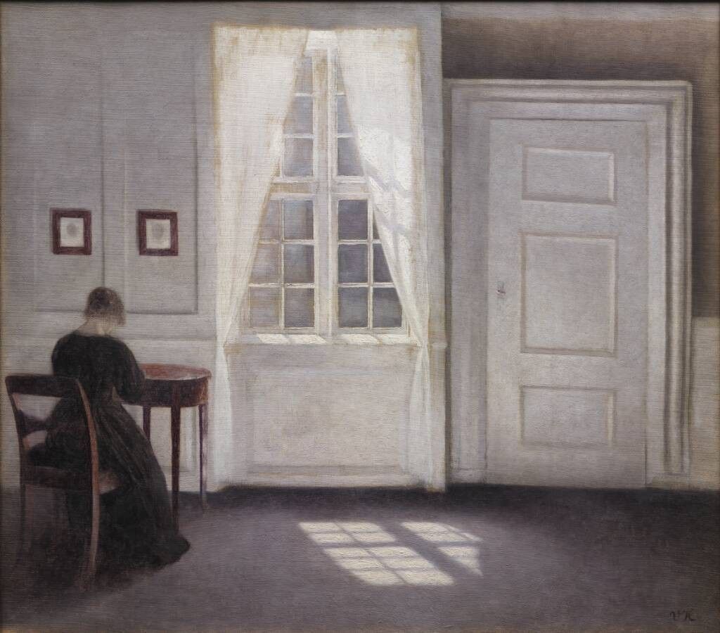 Hammershøi interior with cool pale wall and floor light held over a darker restrained structure.